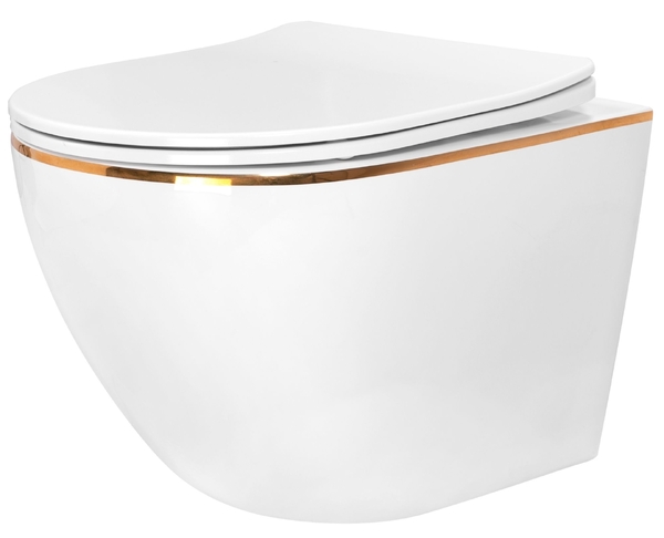 Závěsné WC Rea CARLO Mini Flat Rimless bílá-zlatý okraj